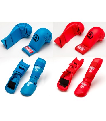Pack KAMIKAZE luvas azuis e vermelhas e proteção combinada de pés e pernas azul e vermelha (Homologado RFEK)