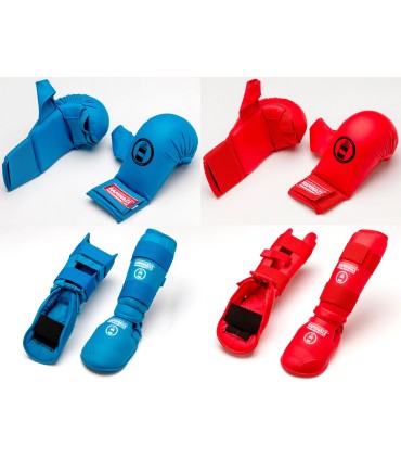 Pack KAMIKAZE de mitaines rouges et bleus avec pouce et Protèges tibia et pied combinés rouges et bleus (RFEK approved)