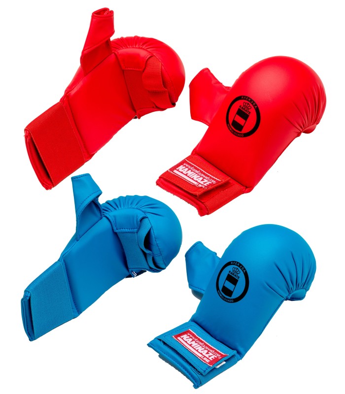 Pack Kamikaze guantini rossa e blue e parastinchi e protezioni per il piedi rossa e blue  (omologata RFEK)