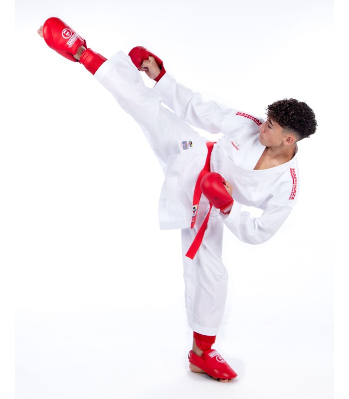 Kamikaze-Karateanzug K-One-WKF Kumite REVERSIBEL, Schultern bestickt rot und blau