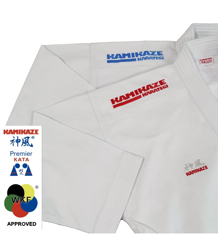 Karategui Kamikaze PREMIER-KATA WKF REVERSIBLE, Hombros bordados en rojo y azul