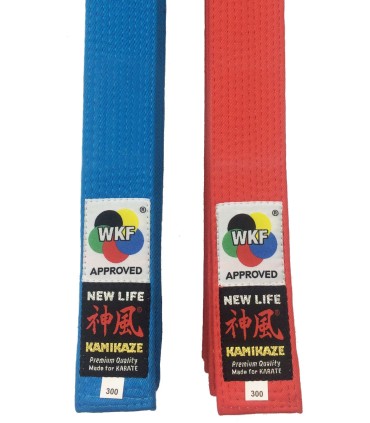 Pack cinto de competição azul e vermelho KAMIKAZE KATA, algodão especial BST "NEW LIFE Premium", aprovado WKF